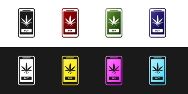 Set Cep telefonu ve tıbbi esrar veya esrar yaprak simgesi siyah ve beyaz arka plan izole. Online satın alma sembolü. Süpermarket sepeti. Vektör İllüstrasyonu