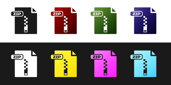 Establecer documento de archivo ZIP. Descargar icono de botón zip aislado sobre fondo blanco y negro. Símbolo del archivo ZIP. Ilustración vectorial — Vector de stock