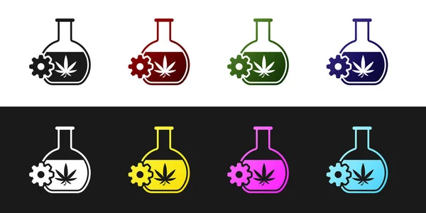 Ustaw probówki chemiczne z marihuaną lub ikonę liści konopi izolowane na czarno-białym tle. Koncepcja badawcza. Laboratoryjna koncepcja oleju CBD. Ilustracja wektorowa — Wektor stockowy