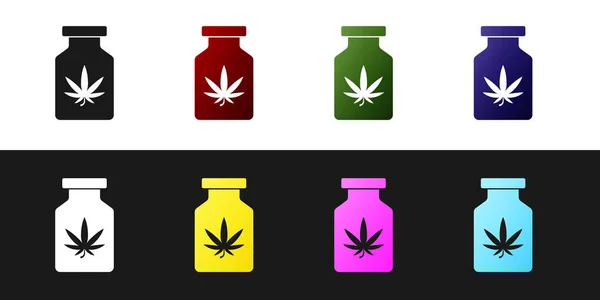 Set medizinische Flasche mit Marihuana oder Cannabisblatt Symbol isoliert auf schwarz-weißem Hintergrund. Attrappe von Cannabisöl-Extrakten in Gläsern. Vektorillustration — Stockvektor