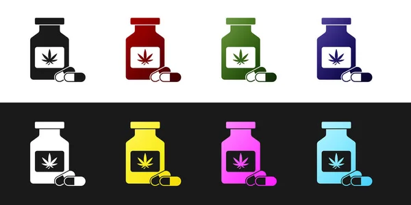 Tıbbi şişeyi marihuana ya da kenevir yaprağı ikonu ile siyah beyaz arka planda izole et. Kavanozlardaki kenevir yağı özlerini taklit et. Vektör İllüstrasyonu — Stok Vektör