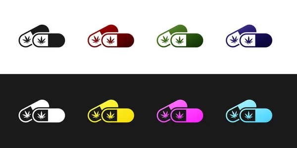 Set de pastillas médicas con marihuana o icono de hoja de cannabis aisladas sobre fondo blanco y negro. Simulación de extractos de aceite de cannabis en frascos. Ilustración vectorial — Vector de stock