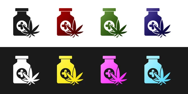 Zestaw Butelka medyczna z marihuaną lub ikoną liści marihuany izolowane na czarno-białym tle. Makijaż ekstraktów z oleju konopnego w słoikach. Ilustracja wektora — Wektor stockowy