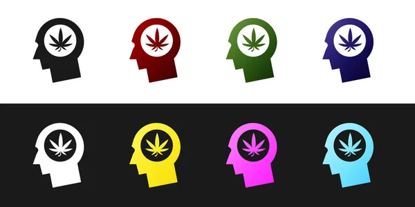 Definir silhueta da cabeça masculina em perfil com maconha ou ícone de folha de cannabis isolado em fundo preto e branco. Legalização da marijuana. Símbolo de cânhamo. Ilustração vetorial —  Vetores de Stock