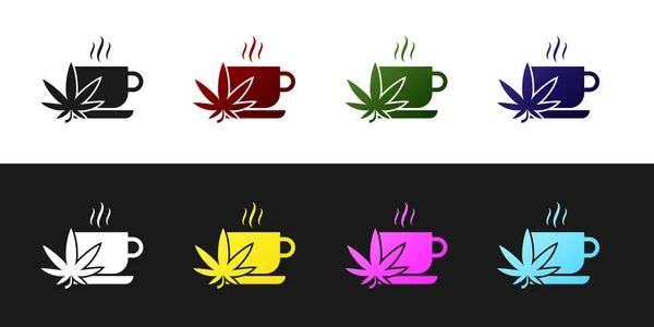 Set Tasse Tee mit Marihuana oder Cannabisblatt Symbol isoliert auf schwarz-weißem Hintergrund. Marihuana-Legalisierung. Hanf-Symbol. Vektorillustration — Stockvektor