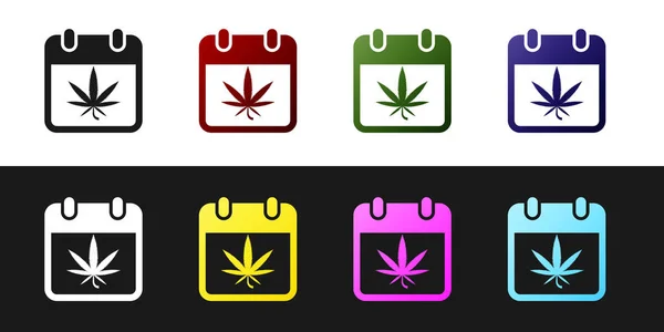 Stel kalender en marihuana of Cannabis leaf icon geïsoleerd op zwart-wit achtergrond. Nationale onkruid dag. Hennep symbool. Vector illustratie — Stockvector