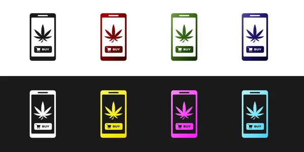 设置手机和医用大麻或大麻叶图标孤立的黑色和白色背景。网上购买符号。超市购物篮。矢量插图 — 图库矢量图片