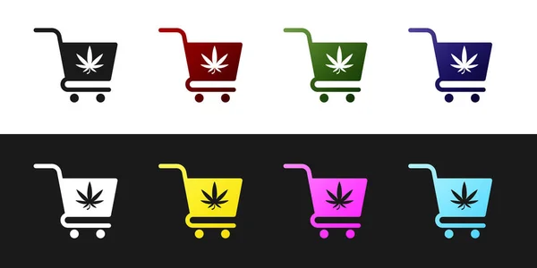 Siyah beyaz arka planda izole marihuana veya esrar yaprağı simgesi ile Alışveriş sepeti ayarlayın. Online satın alma. Teslimat hizmeti. Süpermarket sepeti. Vektör İllüstrasyonu — Stok Vektör