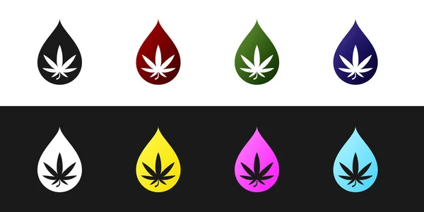 Set Medical Marihuana oder Cannabis Blatt Olivenöl Tropfen Symbol isoliert auf schwarz-weißem Hintergrund. Cannabis-Extrakt. Hanf-Symbol. Vektorillustration — Stockvektor