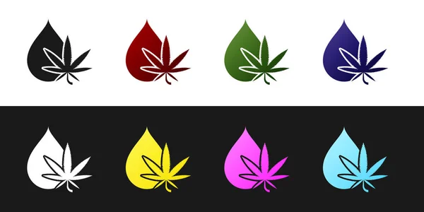 Set Medical Marihuana oder Cannabis Blatt Olivenöl Tropfen Symbol isoliert auf schwarz-weißem Hintergrund. Cannabis-Extrakt. Hanf-Symbol. Vektorillustration — Stockvektor