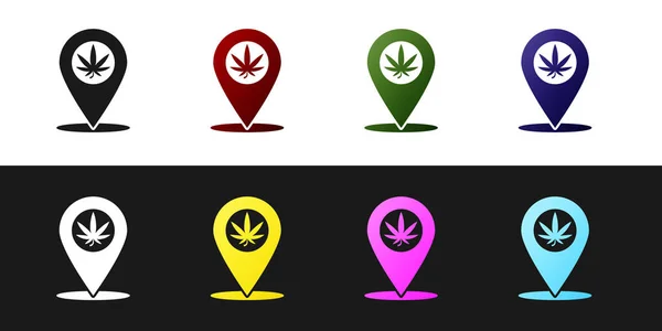 设置地图指针和大麻或大麻叶图标分离的黑白背景.大麻的符号。病媒图解 — 图库矢量图片