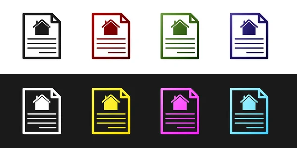 Set House icona del contratto isolato su sfondo bianco e nero. Servizio di creazione di contratti, formazione di documenti, composizione dei moduli di domanda. Illustrazione vettoriale — Vettoriale Stock
