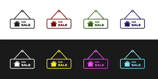 Set Hängeschild mit Text zum Verkauf Symbol isoliert auf schwarz-weißem Hintergrund. Schild mit Text zum Verkauf. Vektorillustration — Stockvektor
