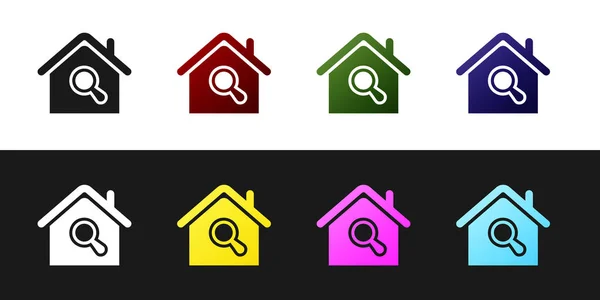 Встановити піктограму пошуку будинку ізольовано на чорно- білому тлі. Символ нерухомості будинку під збільшувальним склом. Векторна ілюстрація — стоковий вектор
