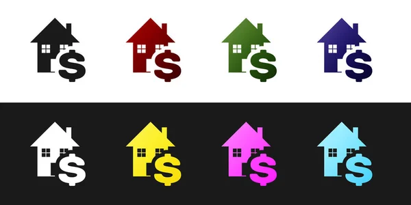 Set Casa con símbolo de dólar aislado sobre fondo blanco y negro. Hogar y dinero. Concepto inmobiliario. Ilustración vectorial — Vector de stock