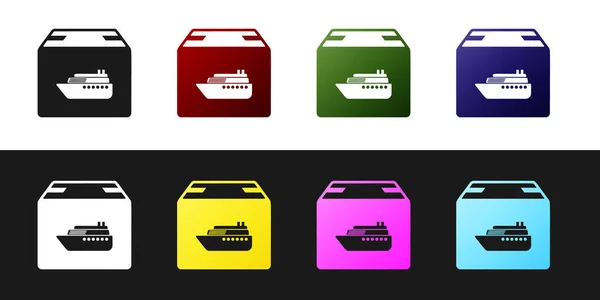 Set Frachtschiff mit Boxen Lieferservice Symbol isoliert auf schwarz-weißem Hintergrund. Lieferung, Transport. Frachter mit Paketen, Kisten, Waren. Vektorillustration — Stockvektor