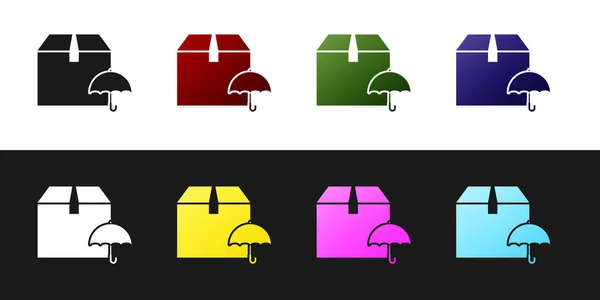 Set Paquete Delivery con icono de símbolo de paraguas aislado sobre fondo blanco y negro. Caja de cartón con signo de paraguas. Logística y entrega. Ilustración vectorial — Vector de stock