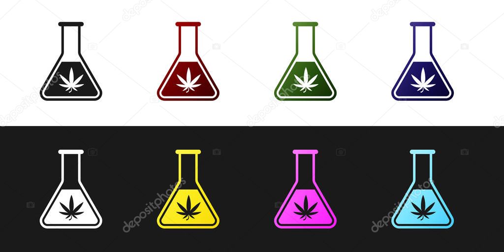 Set Chemical test tube with marijuana or cannabis leaf icon isolated on black and white background. Research concept. Laboratory CBD oil concept. Vector Illustration