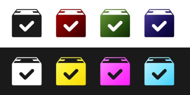 Siyah beyaz arka planda yalıtılmış onay işareti simgesi olan Paket kutusunu ayarlayın. Onay damgalı paket kutusu. Onaylı teslimat veya başarılı paket makbuzu. Vektör İllüstrasyonu