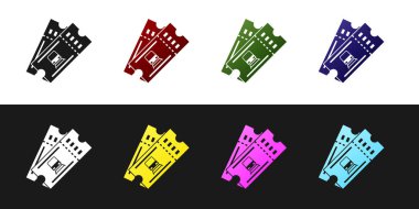 Tren bileti simgesini siyah beyaz arka planda yalıtılmış olarak ayarlayın. Demiryolu ile seyahat. Vektör İllüstrasyonu