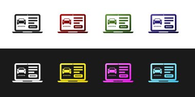 Siyah beyaz arka planda yalıtılmış Çevrimiçi araç paylaşım simgesini ayarlayın. Online kiralık araba servisi. Dizüstü bilgisayar için online rezervasyon tasarım konsepti. Vektör İllüstrasyonu