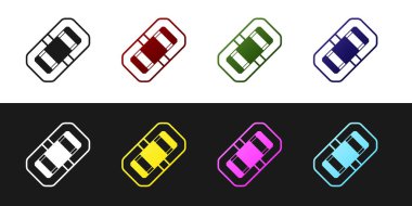 Rafting tekne simgesi siyah ve beyaz arka plan üzerinde izole ayarlayın. Şişme bot. Su sporları, ekstrem sporlar, tatil, tatil, takım kurma. Vektör İllüstrasyonu