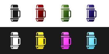 Termos konteynır simgesini siyah beyaz arkaplanda izole et. Termo matara ikonu. Kamp ve yürüyüş ekipmanları. Vektör İllüstrasyonu