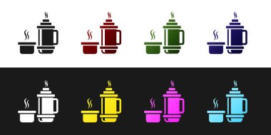 Termos konteynır simgesini siyah beyaz arkaplanda izole et. Termo matara ikonu. Kamp ve yürüyüş ekipmanları. Vektör İllüstrasyonu