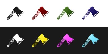 Eski ahşap balta simgesini siyah beyaz arka planda yalıtılmış olarak ayarlayın. Oduncu baltası. Vektör İllüstrasyonu