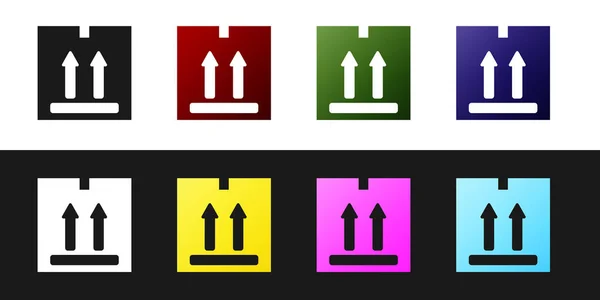 Set Caja de cartón con icono de símbolo de tráfico aislado sobre fondo blanco y negro. Caja, paquete, signo de paquete. Entrega, transporte y envío. Ilustración vectorial — Archivo Imágenes Vectoriales
