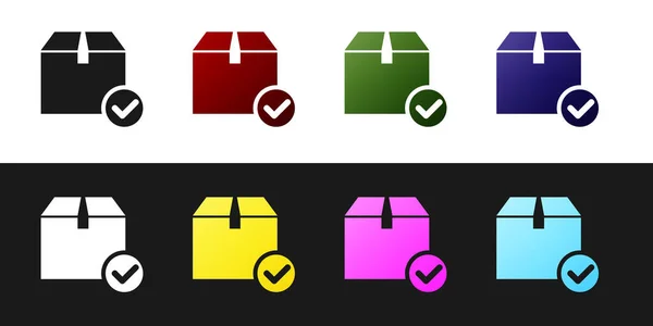 Establecer caja de paquete con icono de marca de verificación aislado en fondo blanco y negro. Casilla de paquete con marca de verificación. Entrega aprobada o recibo del paquete con éxito. Ilustración vectorial — Vector de stock