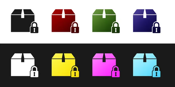 Set Icono de paquete bloqueado aislado sobre fondo blanco y negro. Cerradura y caja de cartón. Ilustración vectorial — Vector de stock