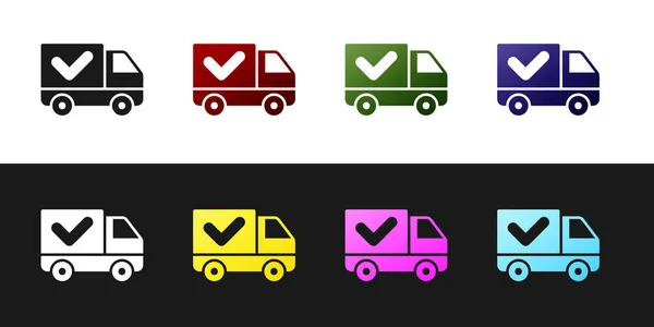 Set leverans lastbil med markering ikon isolerad på svart och vit bakgrund. Vektor Illustration — Stock vektor