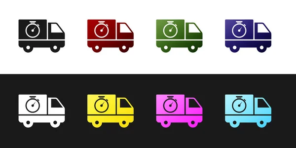 Impostare Logistica consegna camion e cronometro icona isolato su sfondo bianco e nero. Icona del tempo di consegna. Illustrazione vettoriale — Vettoriale Stock