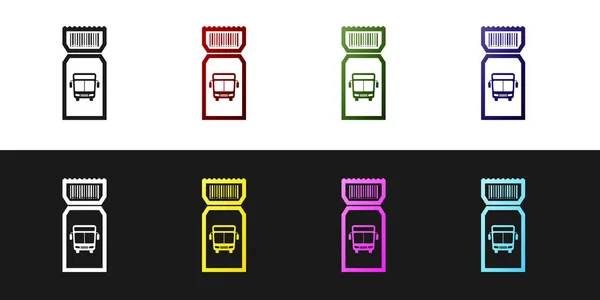 Setzen Sie das Busticket-Symbol isoliert auf schwarz-weißem Hintergrund. Fahrkarte für den öffentlichen Nahverkehr. Vektorillustration — Stockvektor