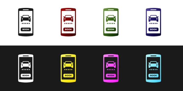 Set icône de covoiturage en ligne isolé sur fond noir et blanc. Service de location de voiture en ligne. Concept de réservation en ligne pour téléphone portable. Illustration vectorielle — Image vectorielle