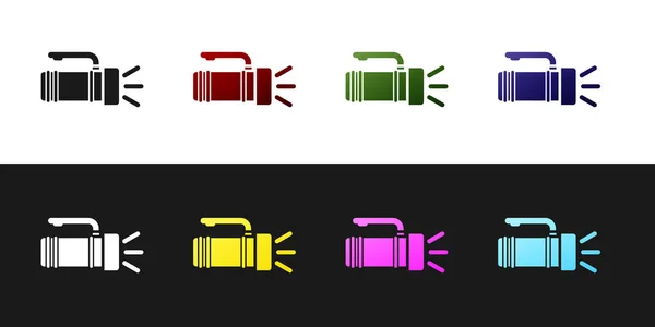 Set Taschenlampe Symbol isoliert auf schwarz-weißem Hintergrund. Taschenlampengriff. Vektorillustration — Stockvektor