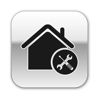 Siyah ev veya beyaz arka planda izole tornavida ve anahtar simgesi ile ev. Ayarlama, hizmet, ayarlama, bakım, onarım, sabitleme. Gümüş kare düğmesi. Vektör Illustration