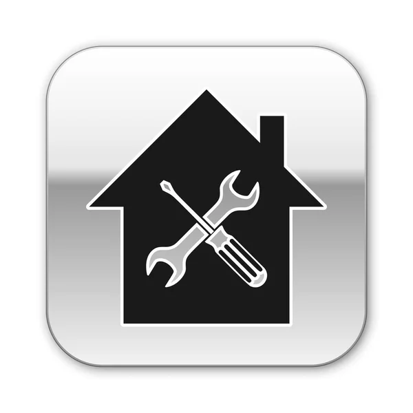 Black House or home with screwdriver and wrench icon isolated on white background. Adjusting, service, setting, maintenance, repair, fixing. Silver square button. Vector Illustration — Stock Vector