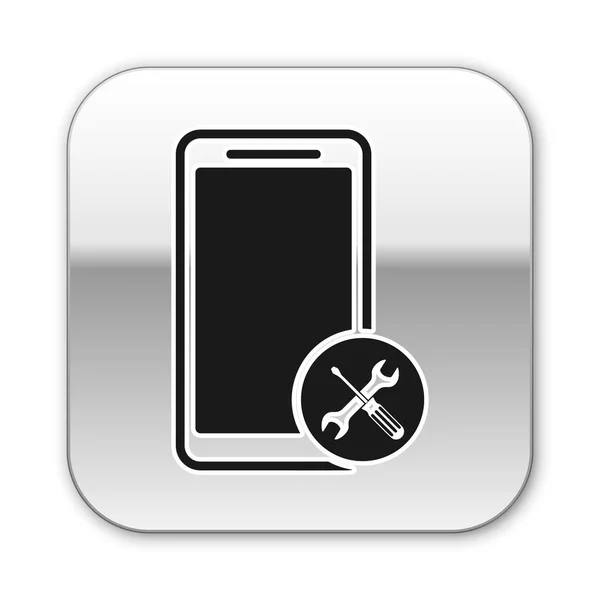 Smartphone negro con destornillador e icono de llave inglesa aislado sobre fondo blanco. Ajuste, servicio, ajuste, mantenimiento, reparación, fijación. Botón cuadrado plateado. Ilustración vectorial — Vector de stock