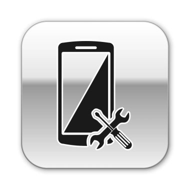 Beyaz arka planda yalıtılmış tornavida ve anahtar simgesi ile siyah smartphone. Ayarlama, hizmet, ayarlama, bakım, onarım, sabitleme. Gümüş kare düğmesi. Vektör Illustration