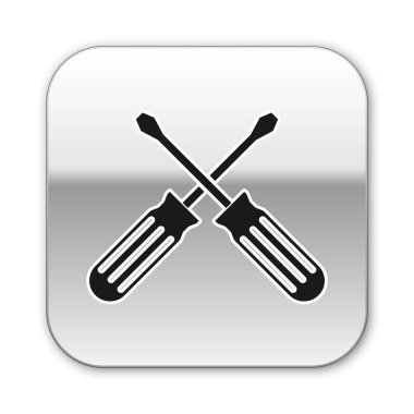 Siyah çapraz Tornavidalar simgesi beyaz arka planda izole. Servis aracı sembolü. Gümüş kare düğmesi. Vektör Illustration