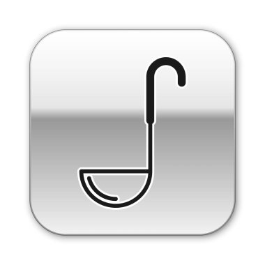 Siyah Mutfak kepçe simgesi beyaz arka plan üzerinde izole. Pişirme aleti. Çatal kaşık işareti. Gümüş kare düğme. Vektör İllüstrasyonu