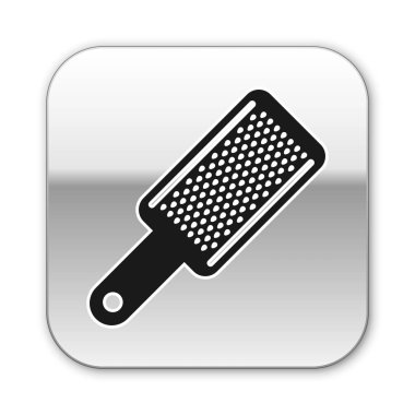 Siyah Rende simgesi beyaz arka planda yalıtılmış. Mutfak sembolü. Pişirme aleti. Çatal bıçak takımı işareti. Gümüş kare düğme. Vektör İllüstrasyonu