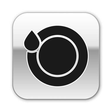 Siyah Yıkama yemekleri simgesi beyaz arka plan üzerinde izole. Tabak ve sünger. Temizlik bulaşıkları simgesi. Bulaşık makinesi tabelası. Masa takımı işaretini temizleyin. Gümüş kare düğme. Vektör İllüstrasyonu