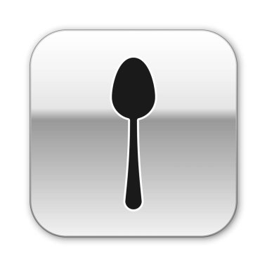 Beyaz arkaplanda siyah kaşık simgesi izole edildi. Mutfak aletleri. Çatal bıçak seti. Gümüş kare düğme. Vektör İllüstrasyonu