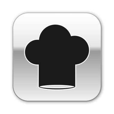 Siyah Chef şapka simgesi beyaz arka plan üzerinde izole. Pişirme sembolü. Aşçı şapkası. Gümüş kare düğme. Vektör İllüstrasyonu