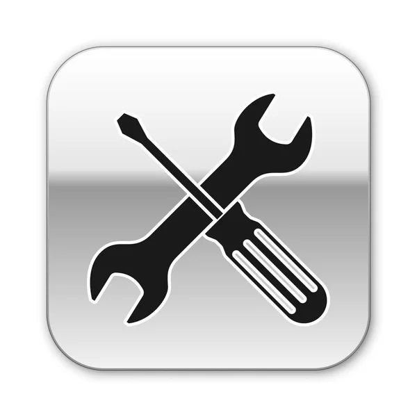Destornillador cruzado negro e icono de herramientas de llave inglesa aislado sobre fondo blanco. Símbolo herramienta de servicio. Botón cuadrado plateado. Ilustración vectorial — Vector de stock