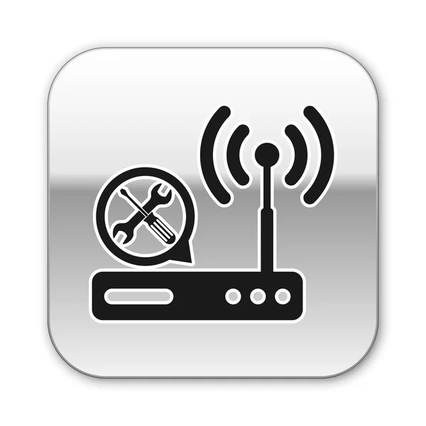 Zwarte router Wi-Fi met schroevendraaier en moersleutel pictogram geïsoleerd op witte achtergrond. Aanpassing, service, instelling, onderhoud, reparatie, bevestiging. Zilveren vierkante knop. Vector illustratie — Stockvector