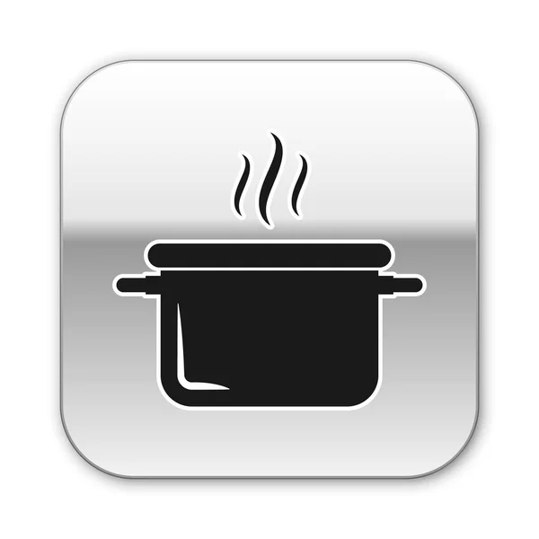 Icono de olla de cocina negra aislado sobre fondo blanco. Hervir o guisar el símbolo de la comida. Botón cuadrado plateado. Ilustración vectorial — Vector de stock